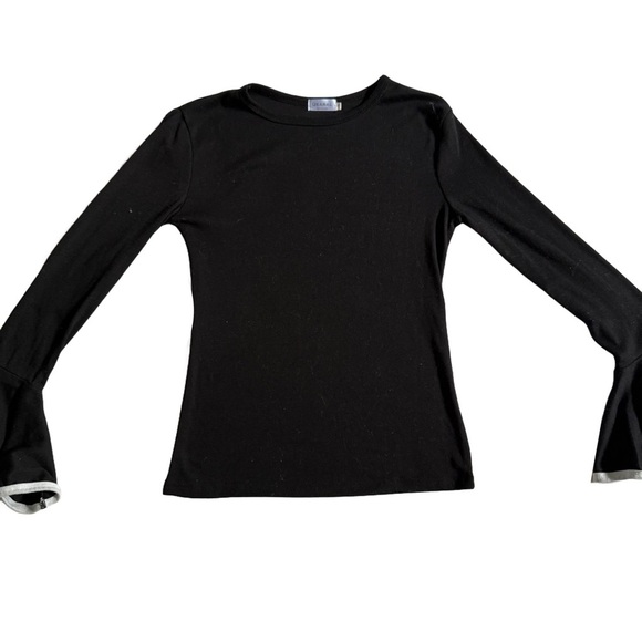 QEARAL BLACK CREWNECK FITTED LONG SLEEVE TOP WITH BELL SLEEVES SIZE S - Picture 2 of 7